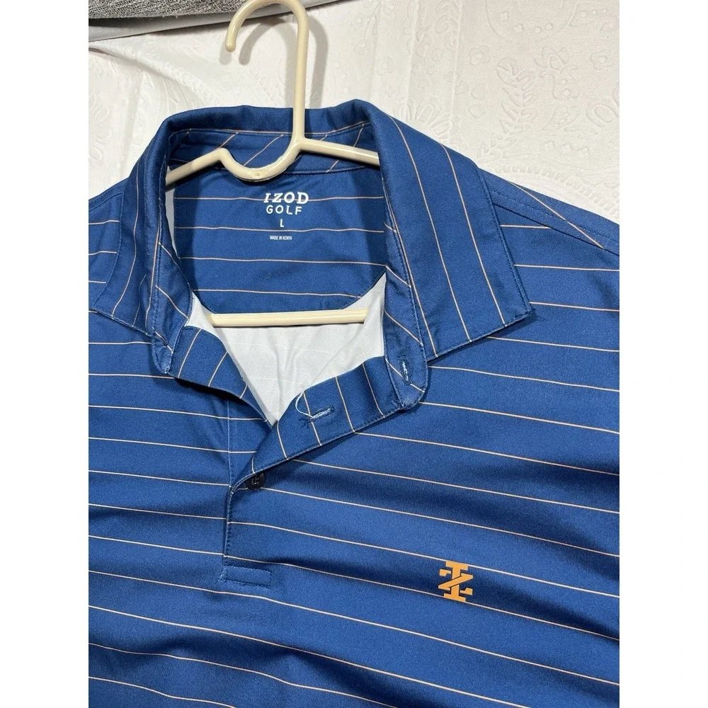 IZOD Golf Men's L Blue Striped Short Sleeve Breathable Polyester Polo Shirt - Picture 2 of 6